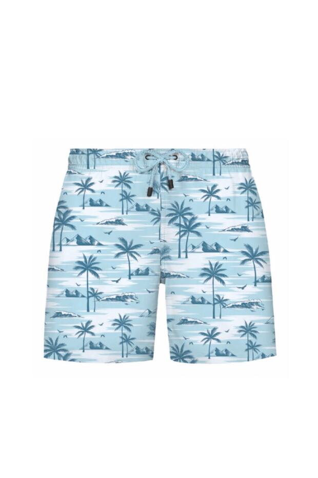 Light Blue Tropical Island Printed Regular Fit Boys' Swim Shorts