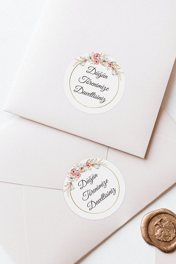 Çiçekli Düğün Törenimize Davetlisiniz Yazılı Davetiye Zarf Etiketi Sticker - 1