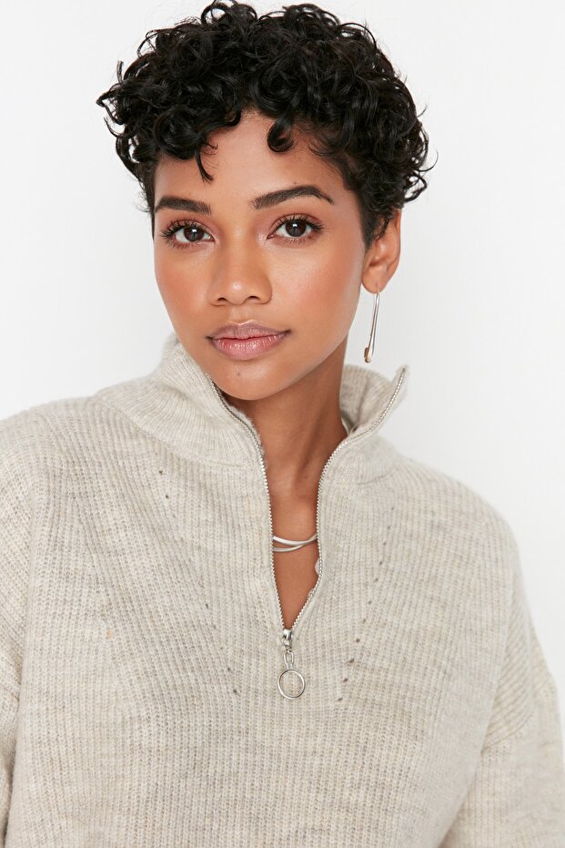 Weich strukturierter Paar-Strickpullover mit Reißverschluss in Steinoptik – TWOAW20XS0009 - 9