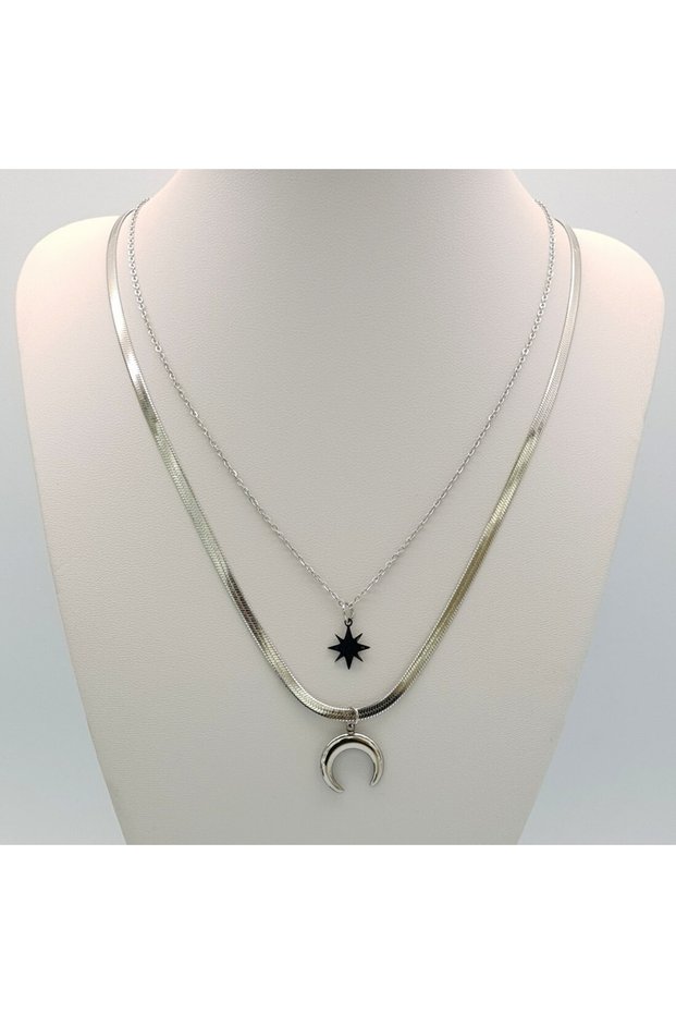 Women's Italian Chain Crescent Detailed Multiple Steel Necklace