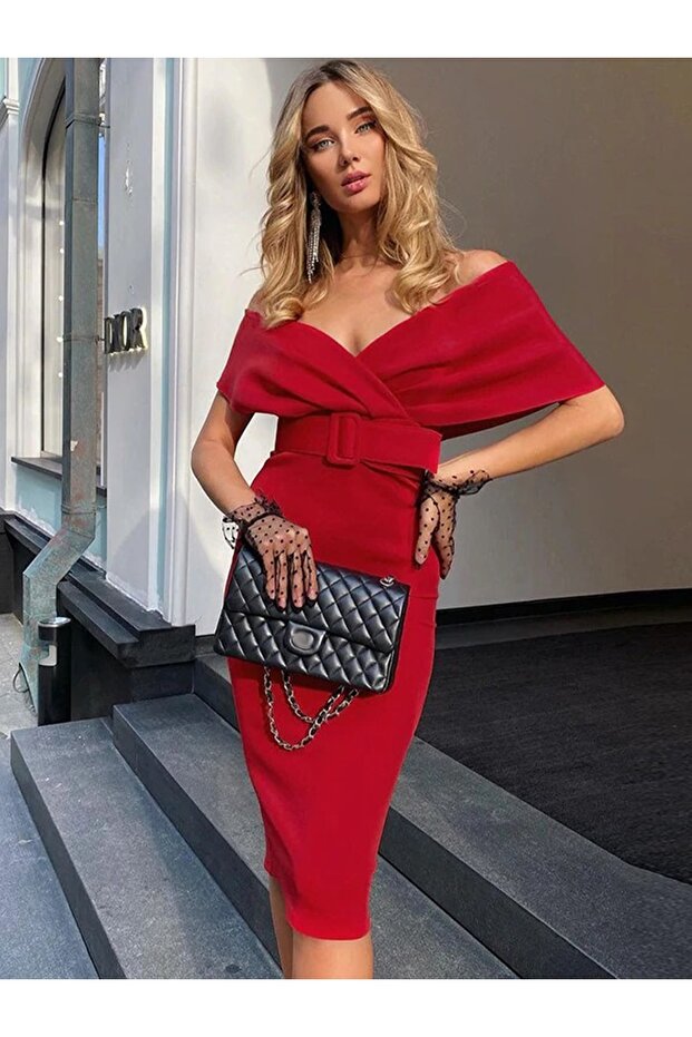 V-Neck Off-The-Shoulder Belted Red Dress