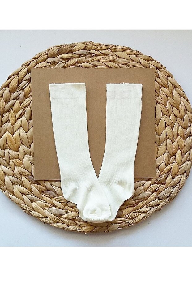 Girl Boy Baby Plain Ribbed Cream Knee-Cuff Socks