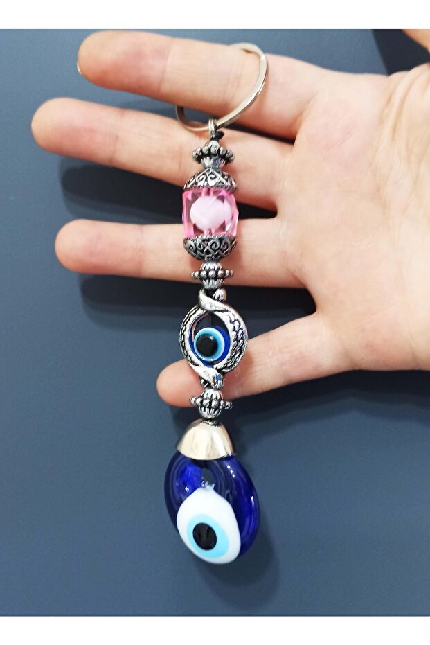 Pink Crystal Stone Keychain with Evil Eye Beads