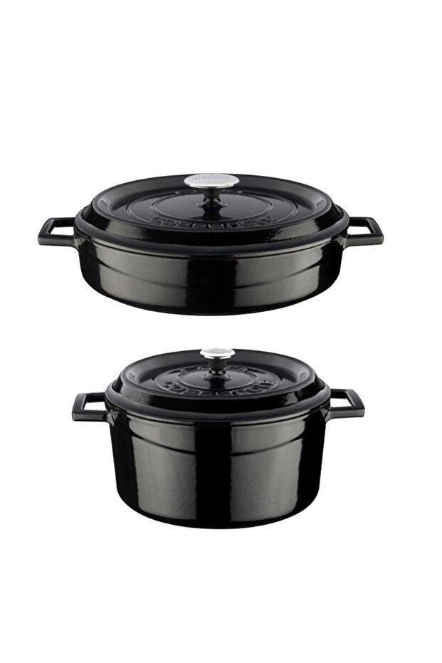 24cm Yuvarlak 28cm Sığ 2li Demir Döküm Tencere Seti Siyah - 1