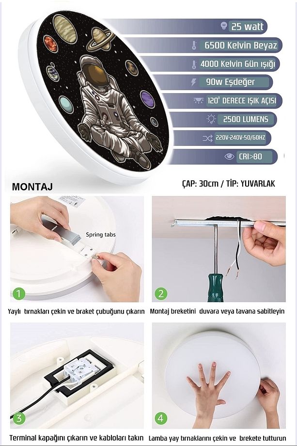 Space, Astronot Aplik-led Aplik-25watt-30cm Çap, Çocuk Odası Aplik, Aplik Modelleri, Trendyol Aplik - 5