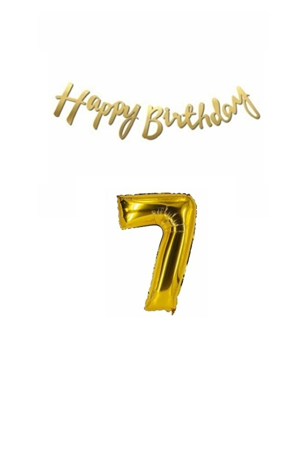 7 Year Old Birthday Set Gold Foil Balloon and Gold Happy Birrtday Text