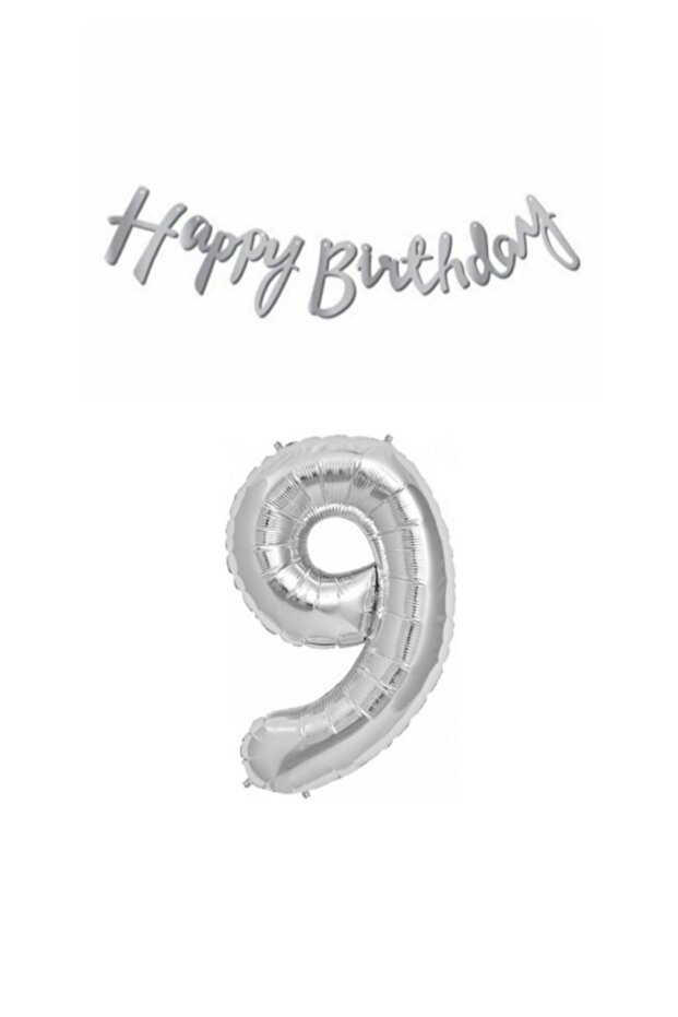 9 Year Old Birthday Set Silver Foil Balloon And Silver Happy Birthday Text