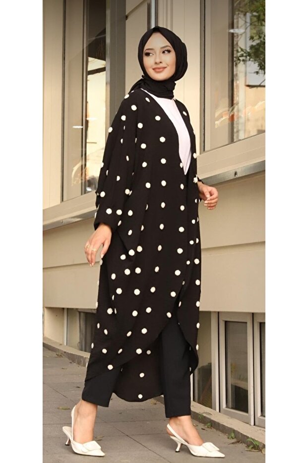 Modaburada Black and White Kimono Cardigan with Pompom Gift for Mother's Day?