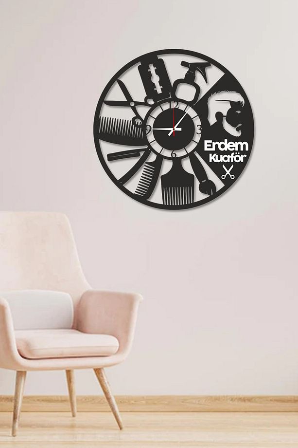 Işyerine Özel Kuaför Tasarımlı Dekoratif Ahşap Duvar Saati 34cm - 1