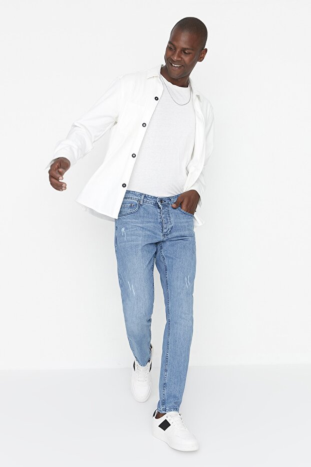 Açık Mavi Esnek Kumaş Tırnaklı Destroylu Slim Fit Dar Kesim Jeans Kot Pantolon TMNSS21JE0067 - 6