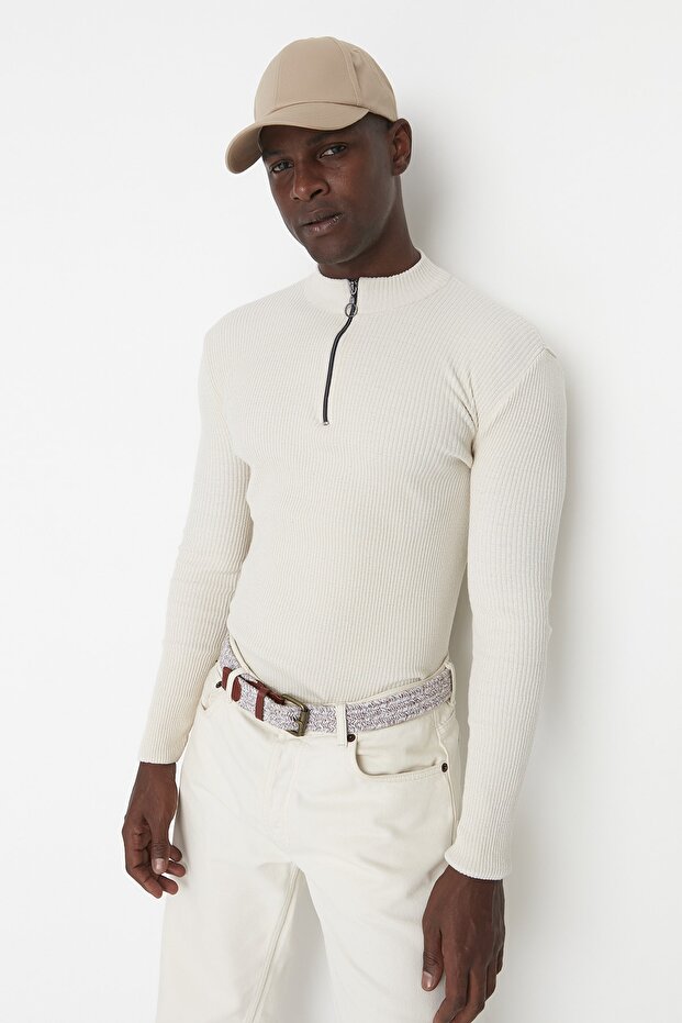Ecrufarbener, gerippter Baumwollpullover – schmale Passform, halber Rollkragenpullover mit Reißverschluss TMNAW20KZ1034 - 2