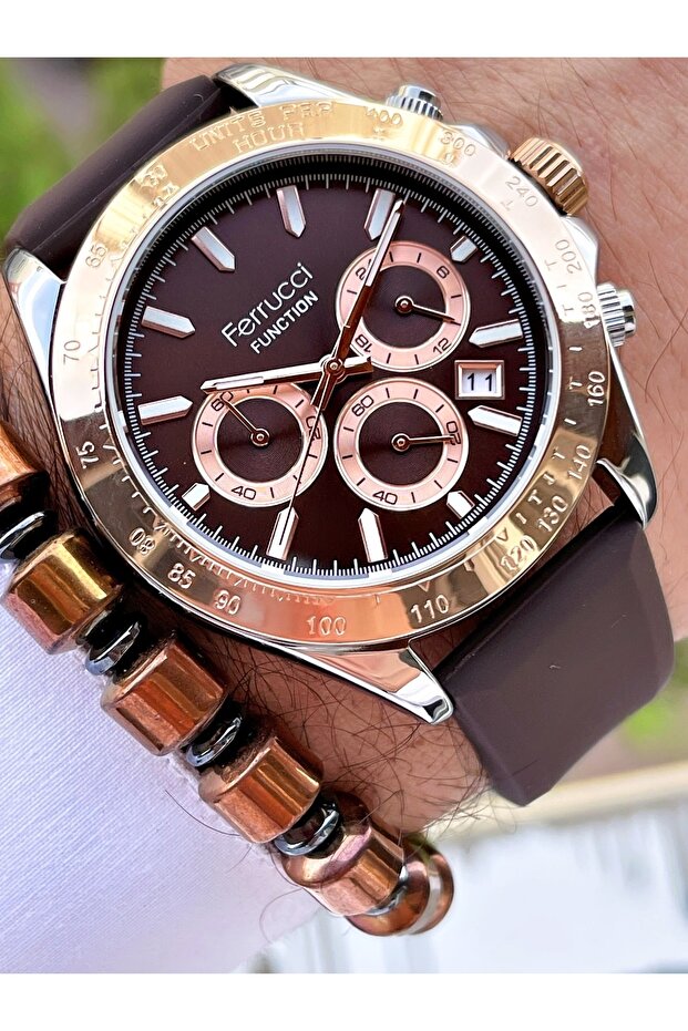 Brown Silicone Band Functional Men's Watch + Bracelet
