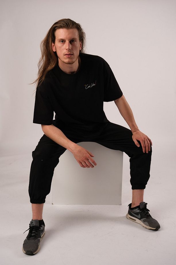 Oversize Cool Dude Baskılı Siyah Tshirt - 4
