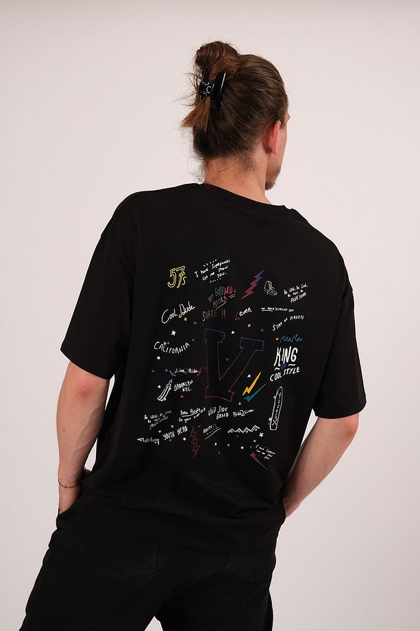 Oversize Cool Dude Baskılı Siyah Tshirt - 5
