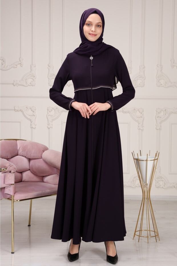 Women's Abaya Striped Waist Printed Flared Mevlana Abaya