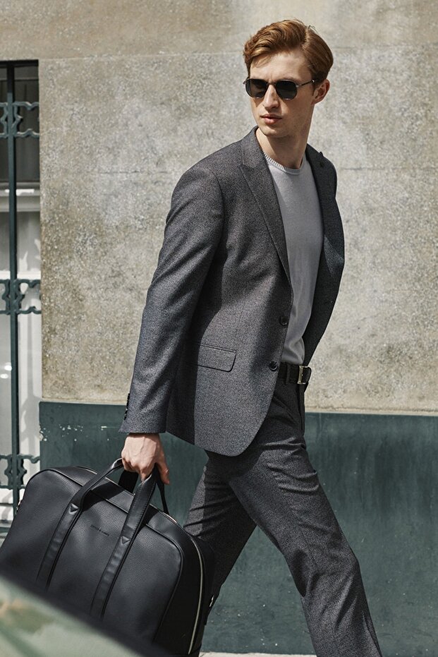 Férfi fekete-fehér Slim Fit Slim Fit mintás öltöny - 1