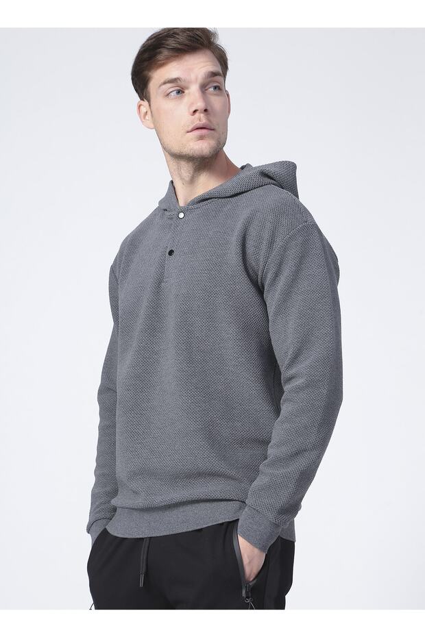 Kapüşonlu Basic Gri Melanj Erkek Sweatshirt - 5