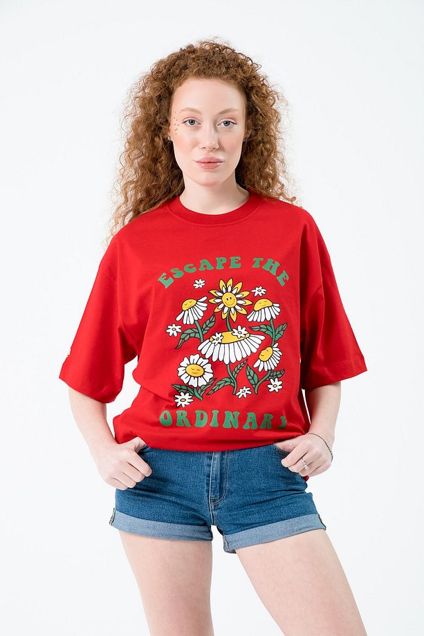 Eazy Kırmızı Escape Unisex Extra Oversize Baskılı Kısa Kollu T-shirt - 6
