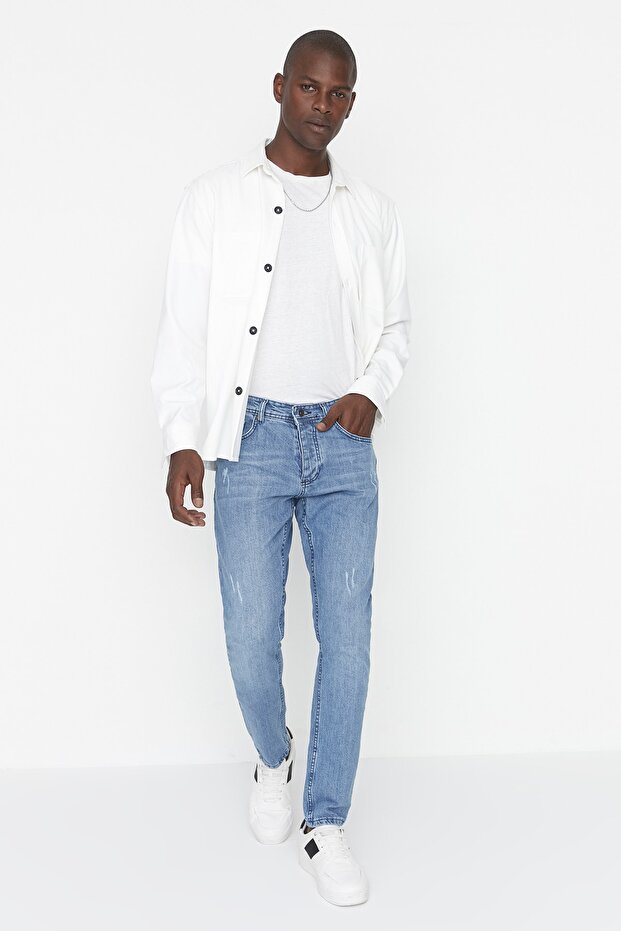 Açık Mavi Esnek Kumaş Tırnaklı Destroylu Slim Fit Dar Kesim Jeans Kot Pantolon TMNSS21JE0067 - 9