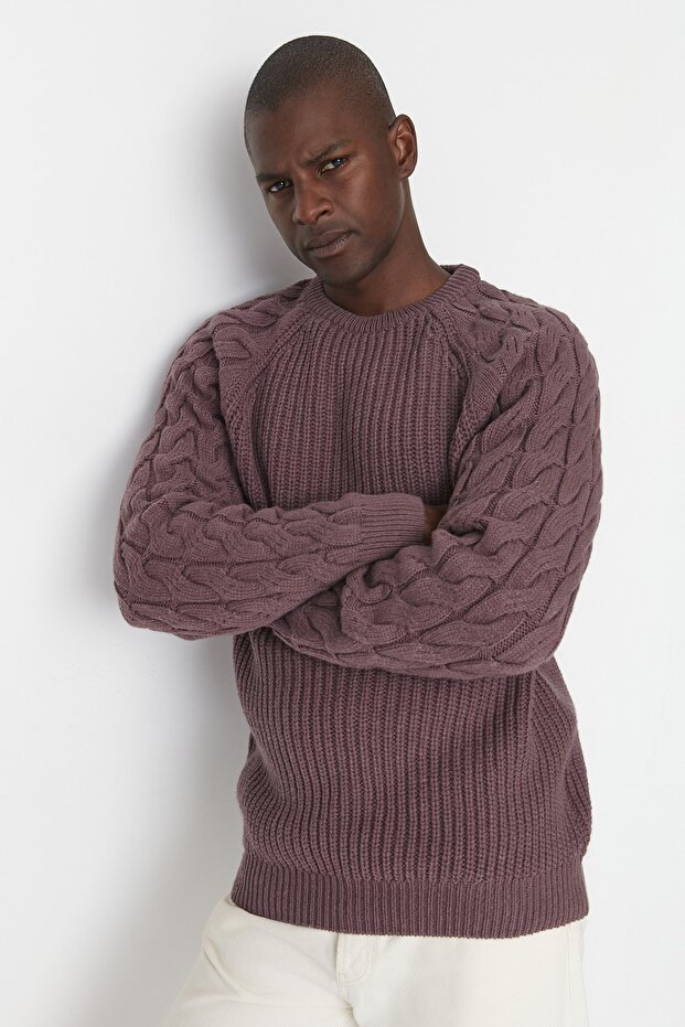 Dusty Rose Lässiger Unisex-Pullover mit normaler Passform aus Wolle mit Rundhalsausschnitt und Haarstrickdetail TMNAW22KZ2059 - 8