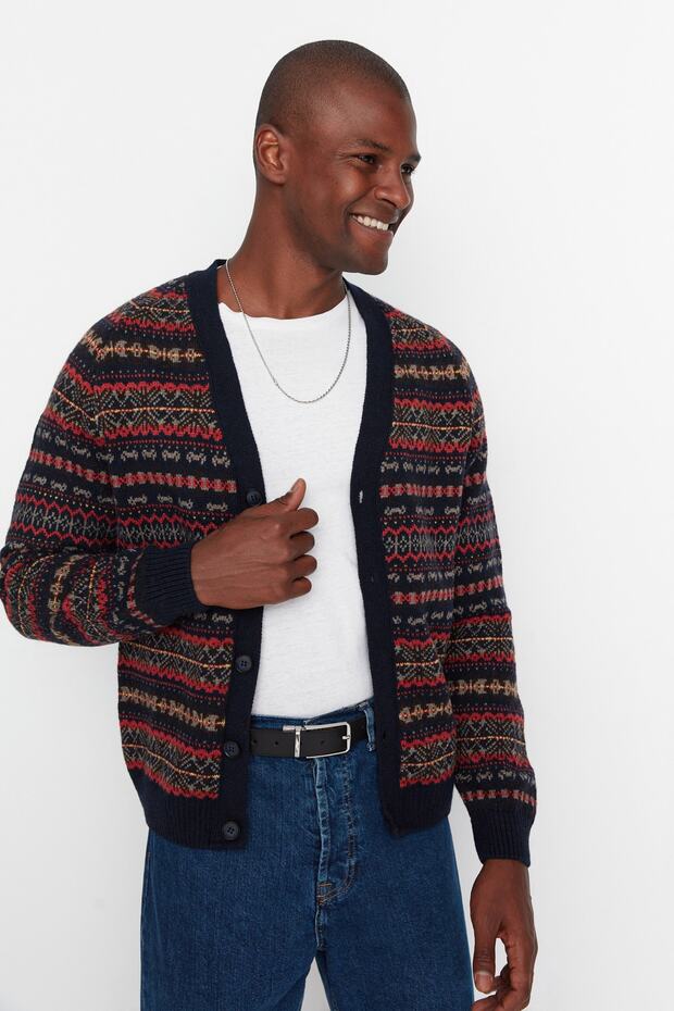 Lacivert Slim Fit Yünlü V Yaka Jakarlı Triko Hırka TMNAW20HI0029 - 2