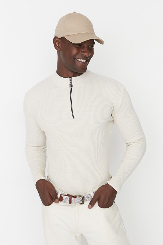 Ecrufarbener, gerippter Baumwollpullover – schmale Passform, halber Rollkragenpullover mit Reißverschluss TMNAW20KZ1034 - 1