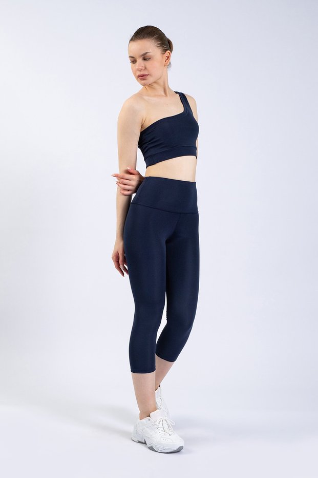 Straight Women's Navy Blue High Waist Leggings, Capri Yoga Tights 19"