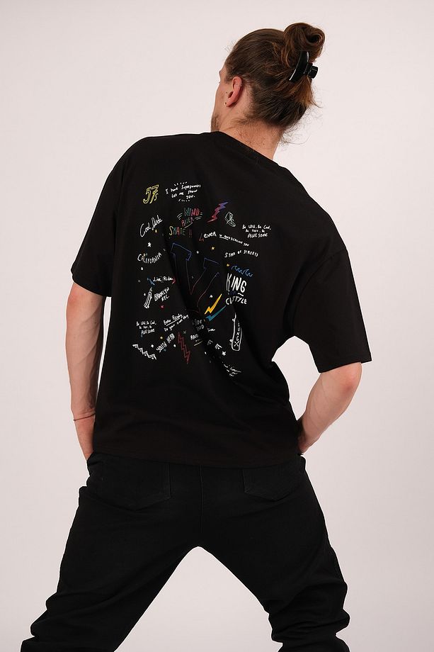 Oversize Cool Dude Baskılı Siyah Tshirt - 3