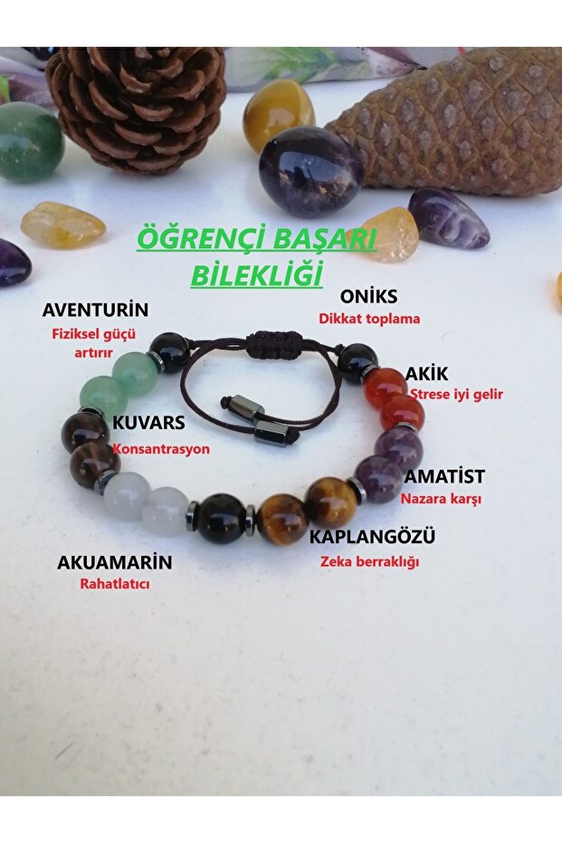 Natural Stone Macrame Student Success Bracelet-Onyx-Aventurine-Quartz-Akamarin-K.Köz-Amatist-Agate Stone