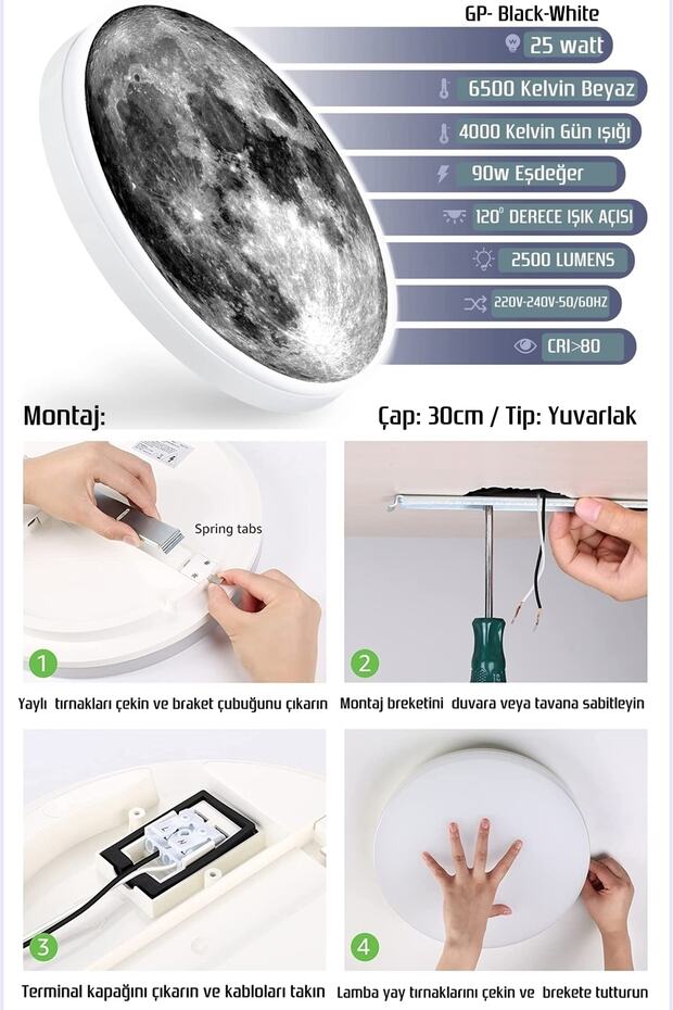 Moon Led Aplik 30cm Çap 25watt Led, Ay Led Duvar Lambası, Uv Baskı Modern Led Aplik - 3