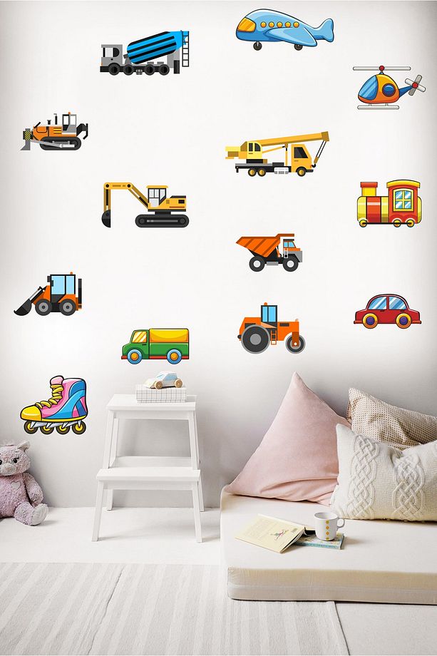 Minik Iş Makineleri Ve Taşıtlar Çocuk Odası Duvar Sticker Seti Duvar Süsü - 4