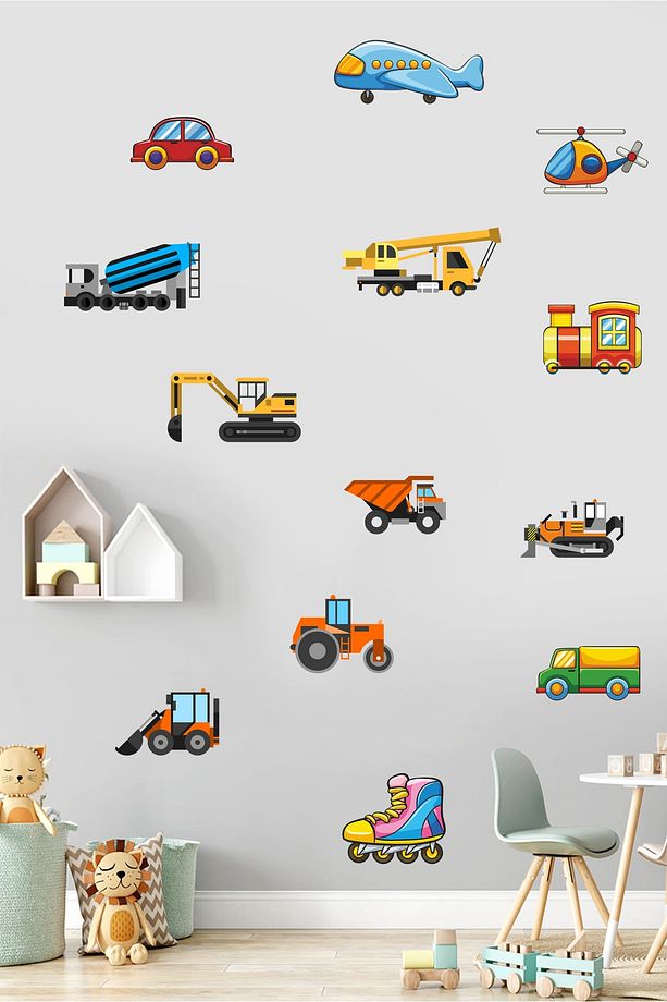 Minik Iş Makineleri Ve Taşıtlar Çocuk Odası Duvar Sticker Seti Duvar Süsü - 5