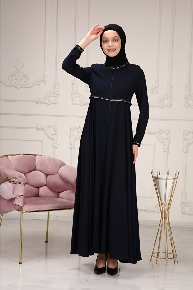 Women's Abaya Striped Waist Printed Flared Mevlana Abaya