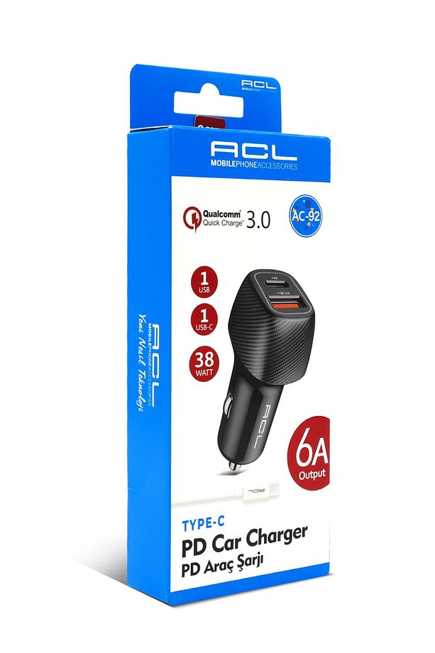 Ac-92 Q.c 3.0 6 Amper Araç Içi Çakmaklık Type-c Kablolu Şarj Usb - Type-c - 1