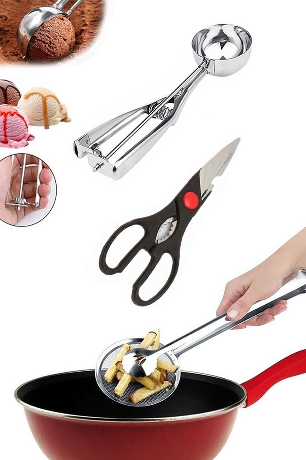 Ice Cream Cookie Serving Spoon, Kitchen Scissors, Frying Colander with Strainer and Tongs