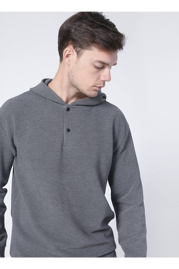 Kapüşonlu Basic Gri Melanj Erkek Sweatshirt - 2