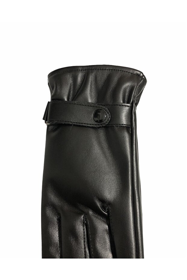 Women's Belt Button Detail Plush Soft Leather Gloves