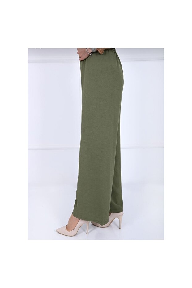 Women's Khaki Elastic Waist Ayrobin Fabric Wide Leg Large Size Trousers