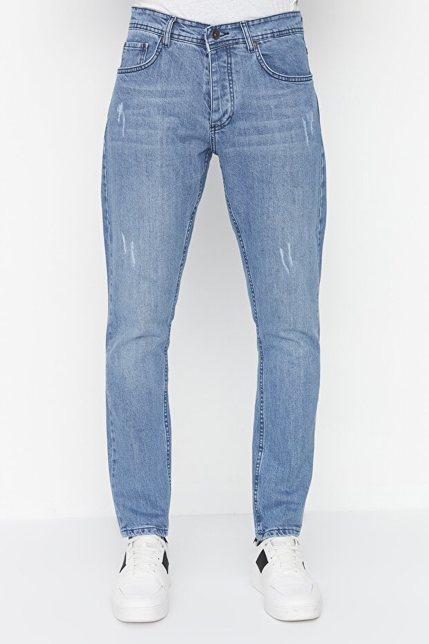 Açık Mavi Esnek Kumaş Tırnaklı Destroylu Slim Fit Dar Kesim Jeans Kot Pantolon TMNSS21JE0067 - 5