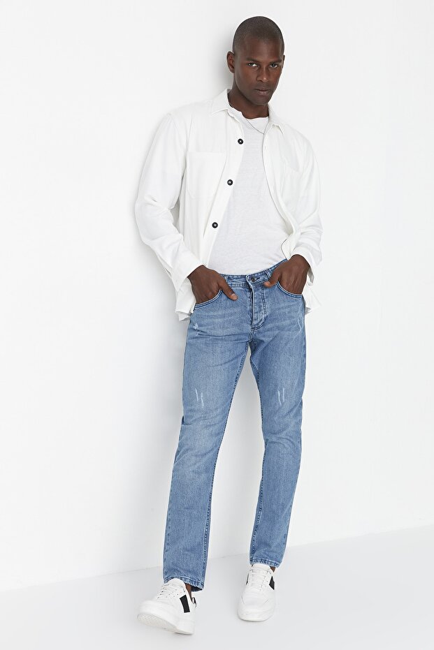Açık Mavi Esnek Kumaş Tırnaklı Destroylu Slim Fit Dar Kesim Jeans Kot Pantolon TMNSS21JE0067 - 7