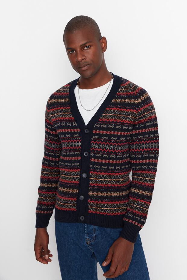 Lacivert Slim Fit Yünlü V Yaka Jakarlı Triko Hırka TMNAW20HI0029 - 3