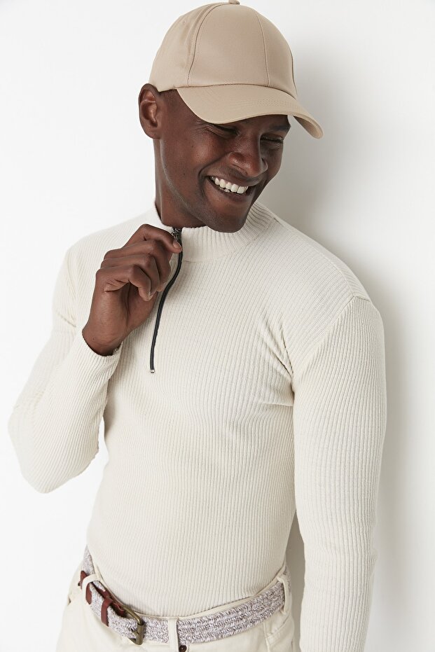 Ecrufarbener, gerippter Baumwollpullover – schmale Passform, halber Rollkragenpullover mit Reißverschluss TMNAW20KZ1034 - 3