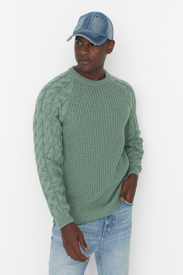 Mintfarbener, lässiger Unisex-Strickpullover mit normaler Passform aus Wolle und Rundhalsausschnitt mit Haarstrickdetail TMNAW22KZ2059 - 1