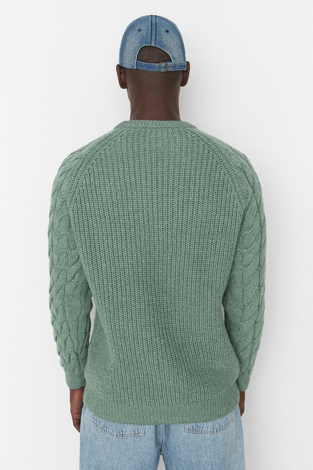 Mintfarbener, lässiger Unisex-Strickpullover mit normaler Passform aus Wolle und Rundhalsausschnitt mit Haarstrickdetail TMNAW22KZ2059 - 5