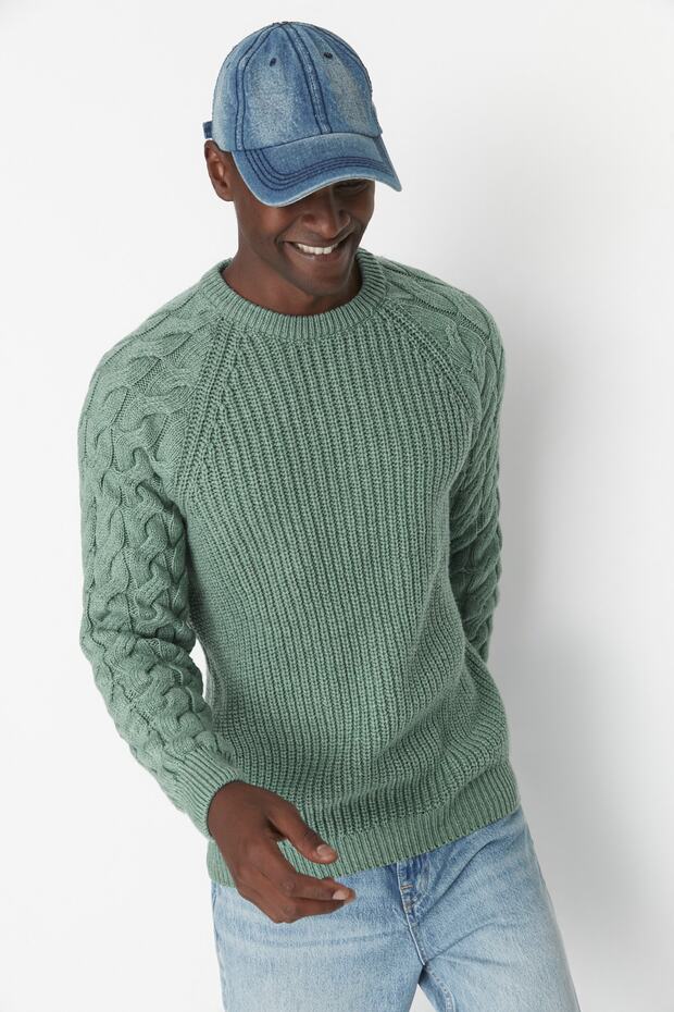 Mintfarbener, lässiger Unisex-Strickpullover mit normaler Passform aus Wolle und Rundhalsausschnitt mit Haarstrickdetail TMNAW22KZ2059 - 4
