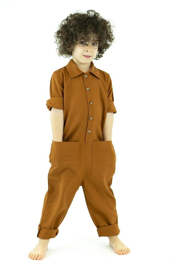 Brown Jumpsuit with Linen Collar and 2 Pockets