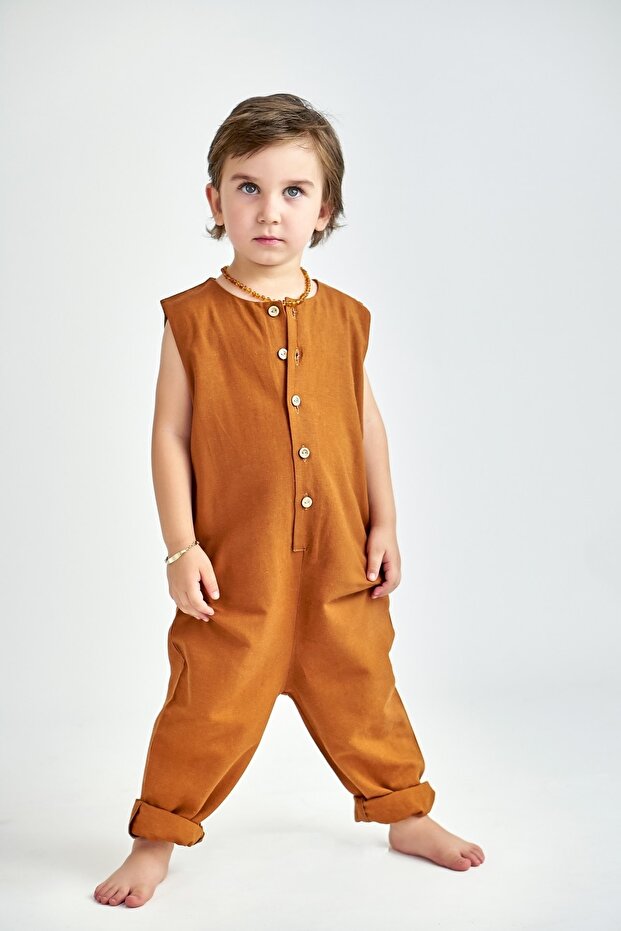 Brown Linen Sleeveless Pocketless Jumpsuit