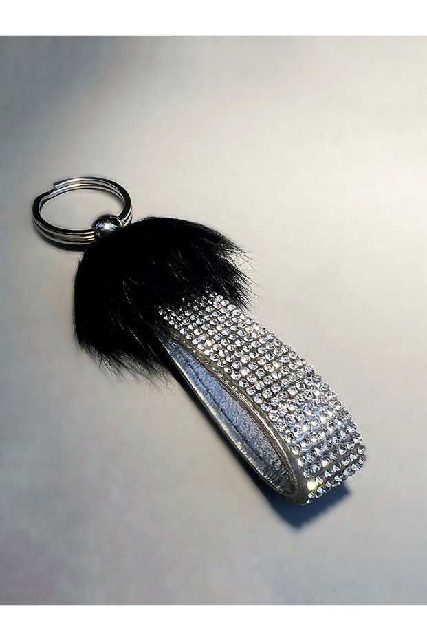 Black Rabbit Fur Silver Stone Keychain