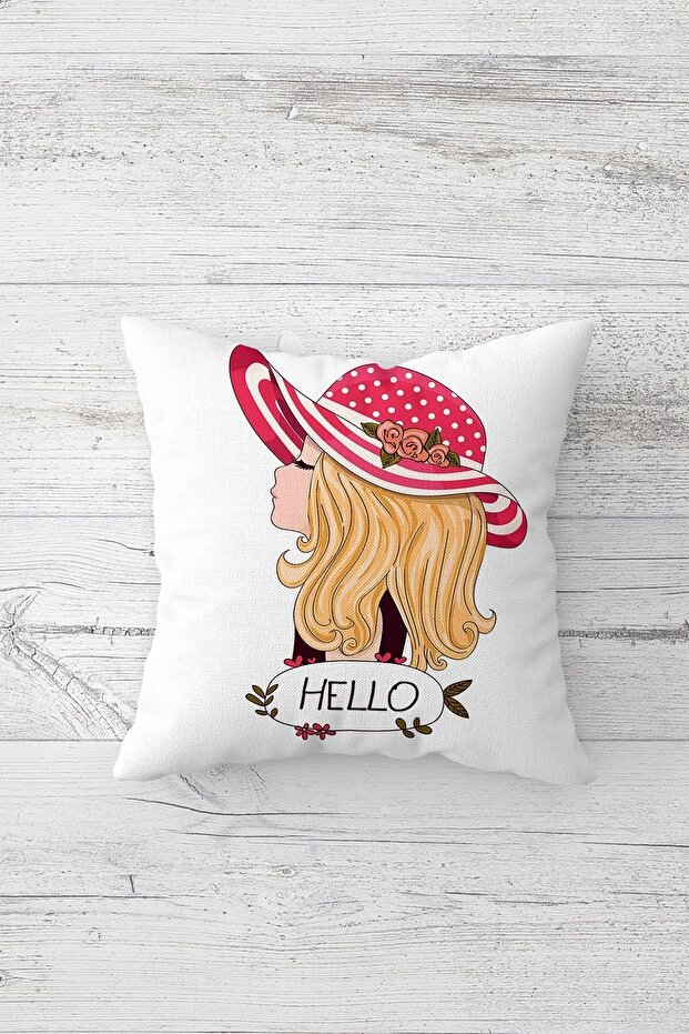 Girl with Hello Written Hat Pattern One Side Print Hidden Zipper Pillowcase Throw Pillow Pillowcase - 1