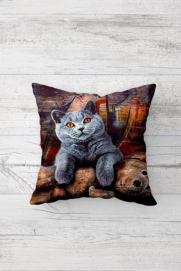 غطاء وسادة بسحاب مخفي مطبوع من جانب واحد مع دمية دب القط